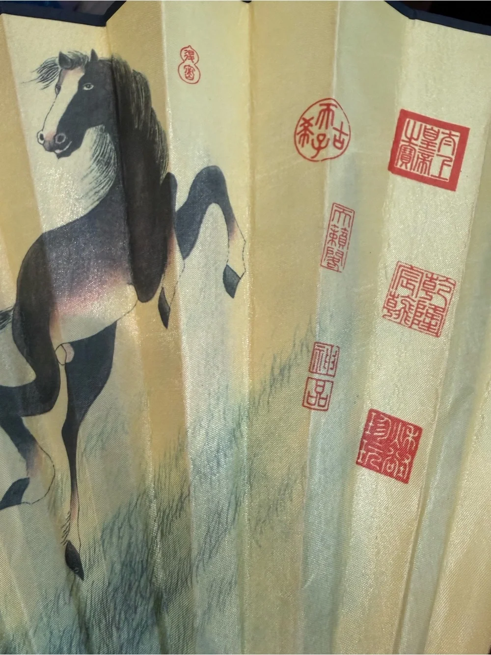 Vintage Chinese 8 Running Horses silk folding fan
